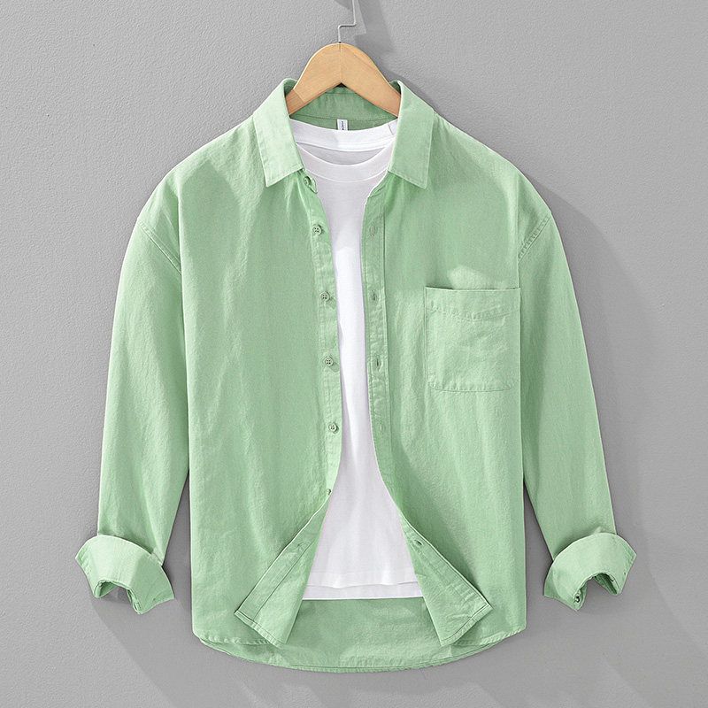 Men's Long-Sleeve Shirt for Spring and Autumn, Fresh White Versatile Pure Cotton Shirt with a Turn-Down Collar, Comfortable and Soft Top