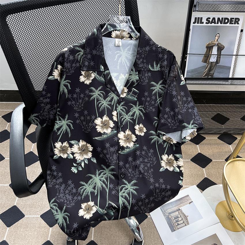 Hawaiian Coconut Full Printed Floral Ice Silk Short Sleeve Shirt Men's Summer Fashion Brand Loose Vacation Style Beach Shirt