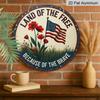 2D Flat, 1Pc Round Patriotic Aluminum Wall Art Sign - American Flag & Floral Design, "Land of the Free" Text, Easy To Hang with Pre-Drilled Holes