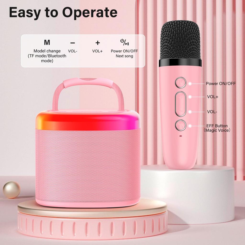 Mini Karaoke Machine voor Kinderen, Draagbare Bluetooth Karaoke Speaker Ongevoede Kasten met 1 Draadloze Microfoons en Feestverlichting voor Volwassenen(Roze)