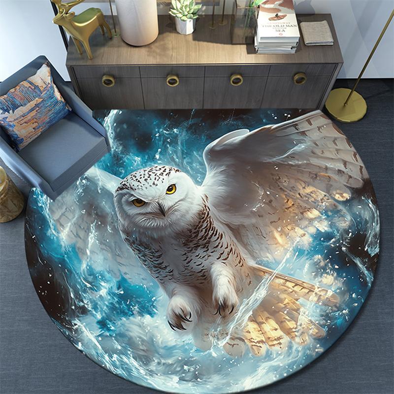 Magischer Schneeeulen Runder Teppich, Teppich für Wohnzimmer Schlafzimmer Sofa Spielzimmer Dekor, Rutschfeste Fußmatte