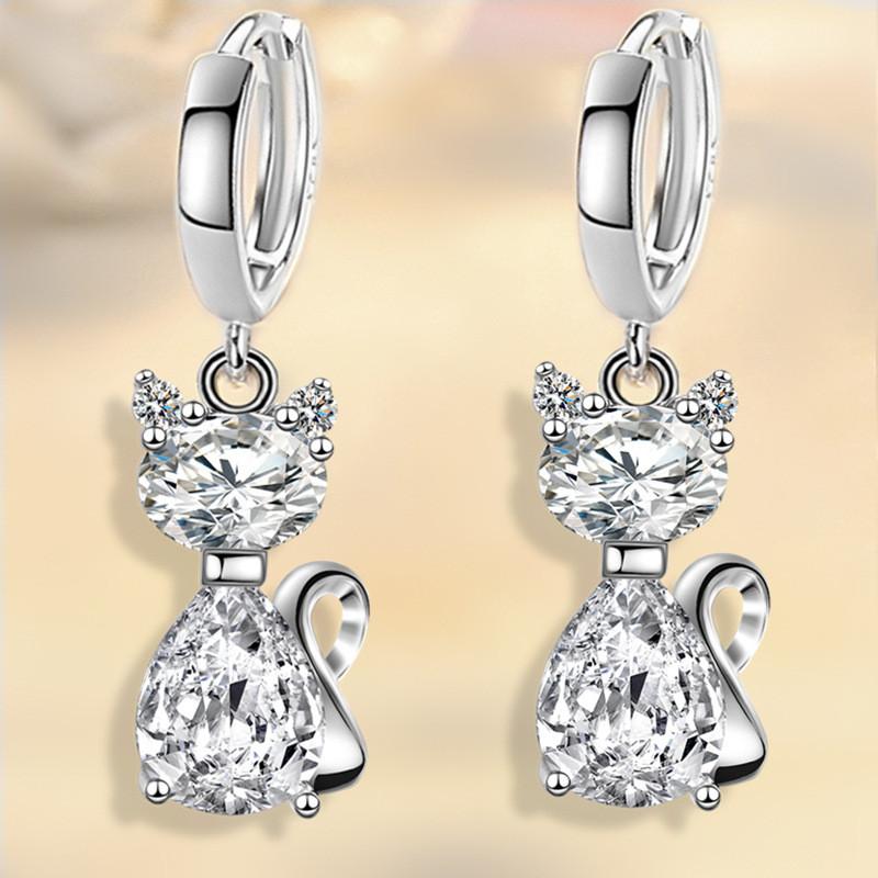 Aqua Blue Pink White Zircon Animal Earring Female Cute Small Cat Hoop Earrings For Women Trendy Silver Color Bridal Jewelry Gift