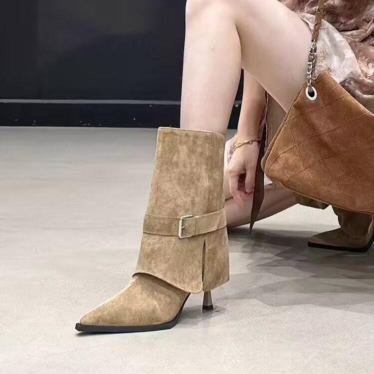 Wasteland wind pointed belt buckle high-heeled short boots women's autumn thin-heeled over-the-top trouser tube boots suede short boots