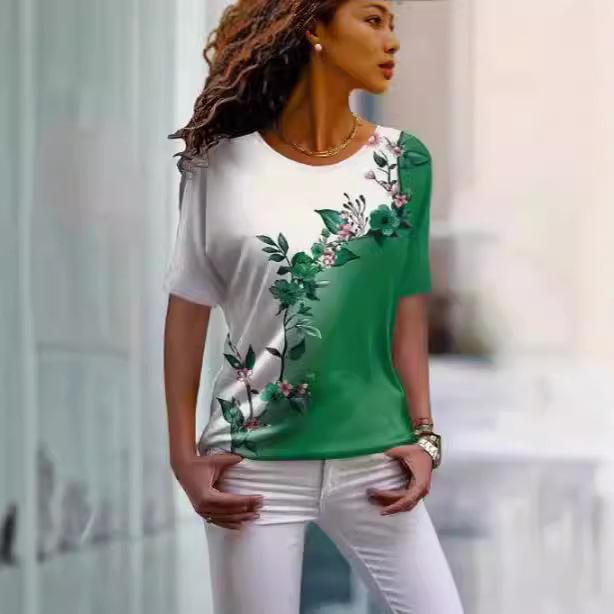 2024 New Women's T-Shirt Fashion Crew Neck Flower Printing Casual Daily Women's Top Summer Trend Loose