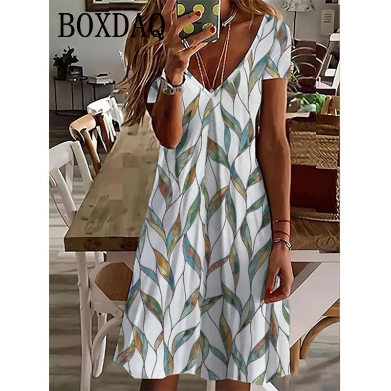 Women'S Casual Dress Vintage Pullover Loose Midi Dress Short Sleeve Floral Print Summer V-Neck Dress Plus Size Clothing