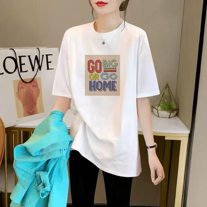Short Sleeve Women's Medium and Long Hip Cover T-Shirt Summer Crew Neck Black Cotton T-Shirt Loose Large Top