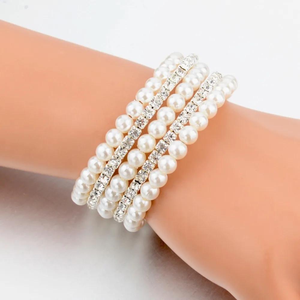Shining Crystal Bracelet Multi Layer Full Rhinestone Hand Wrist Bracel Wedding Jewelry Wide Imitation Pearl Bracelets Wedding