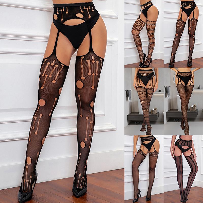 Sexy Fishnet Stockings For Sex Mesh Transparent Underwear Women's Nylon Thigh High Stockings With Garters Open Crotch