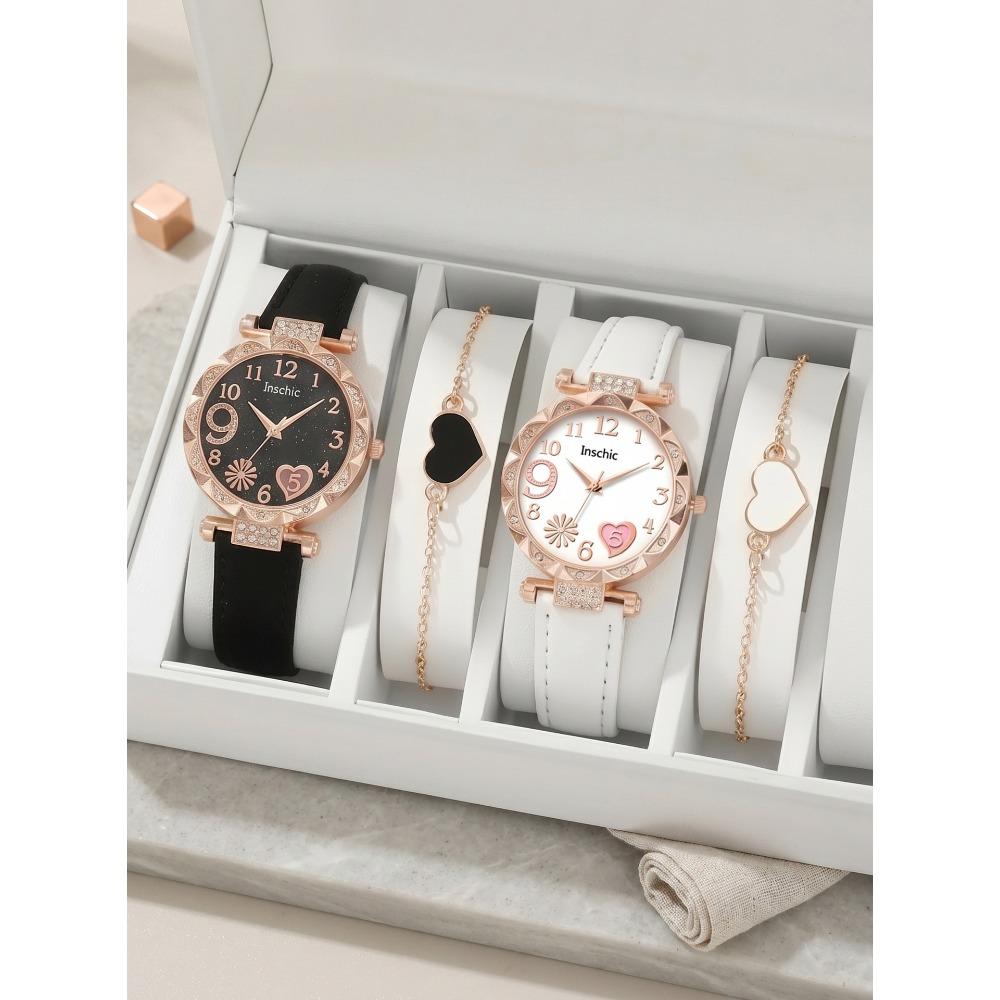 Light Luxury Women's Watch Set, Rose Gold Case with Diamond Bezel, Simple Casual Belt Watch