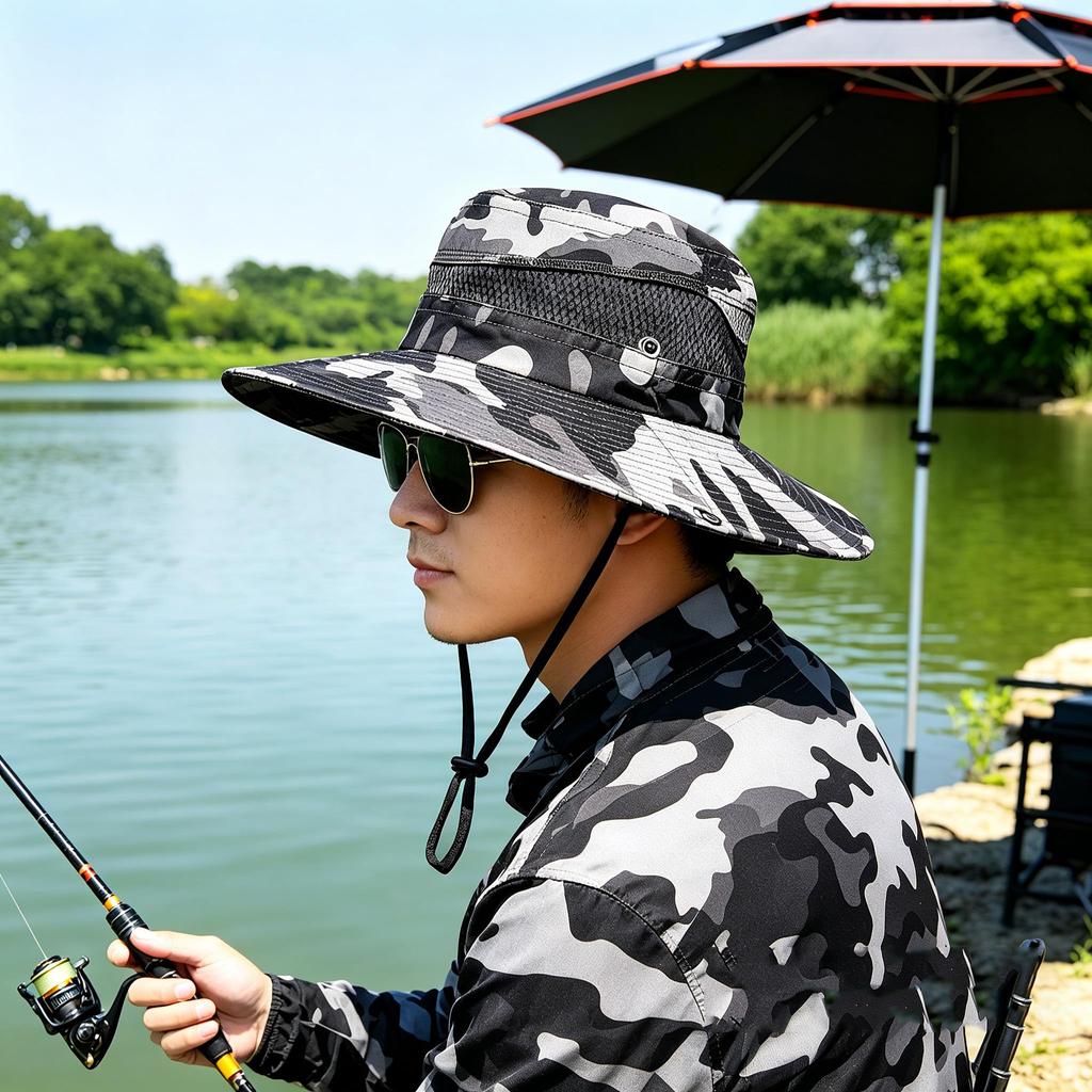 Summer Safari Camouflage Outdoor Fishing UV Hiking Hat Dark [AXIAO] Men's Hat, Mesh, Hat, Protection, Water-Repellent, Adjustable, (Camouflage Gray)