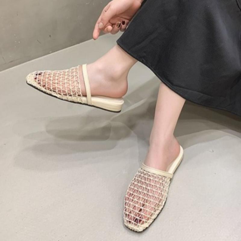 Crochet Net Mule Slippers Woman Mesh Flat Sandals Ladies Summer Elegant Hollow Out Fishnet Shoes