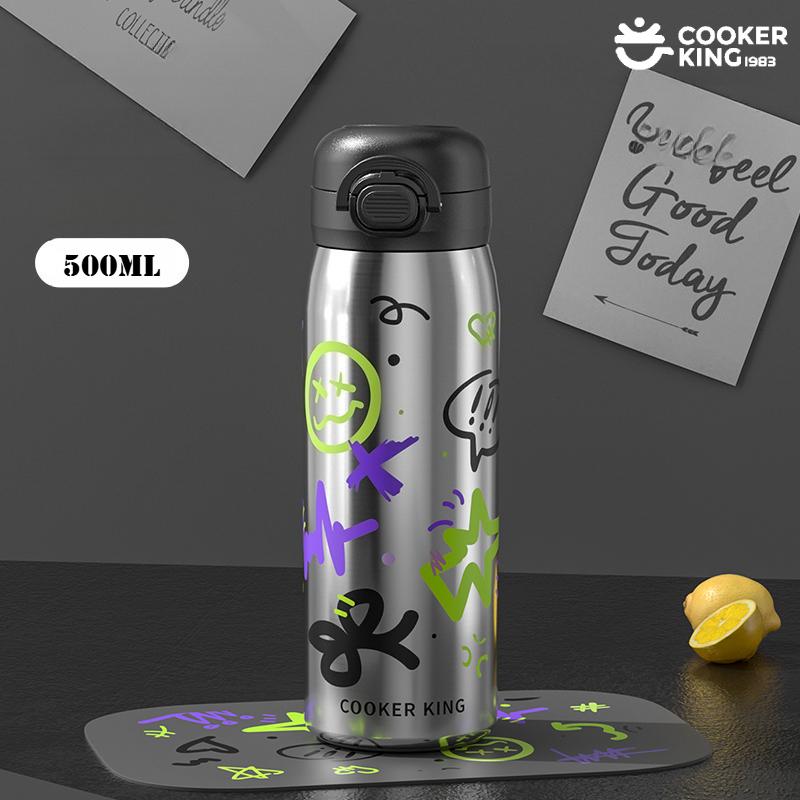 

COOKER KING 500ML Graffiti Thermos Cup 316/304 Stainless Steel+PP Cute Style Portable Straw Cup Water Bottle Exquisite Present 500ml серый
