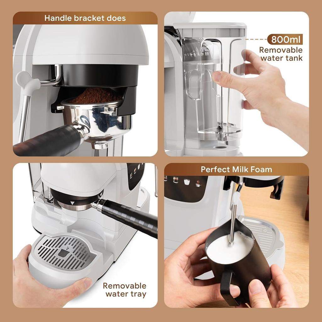 e20 Bar Semi-Automatic Espresso Machin with Built-in Grinder & Steam Wand, Pre-Infusion, NTC Temperature Control, 58mm Single/Double Portafilter