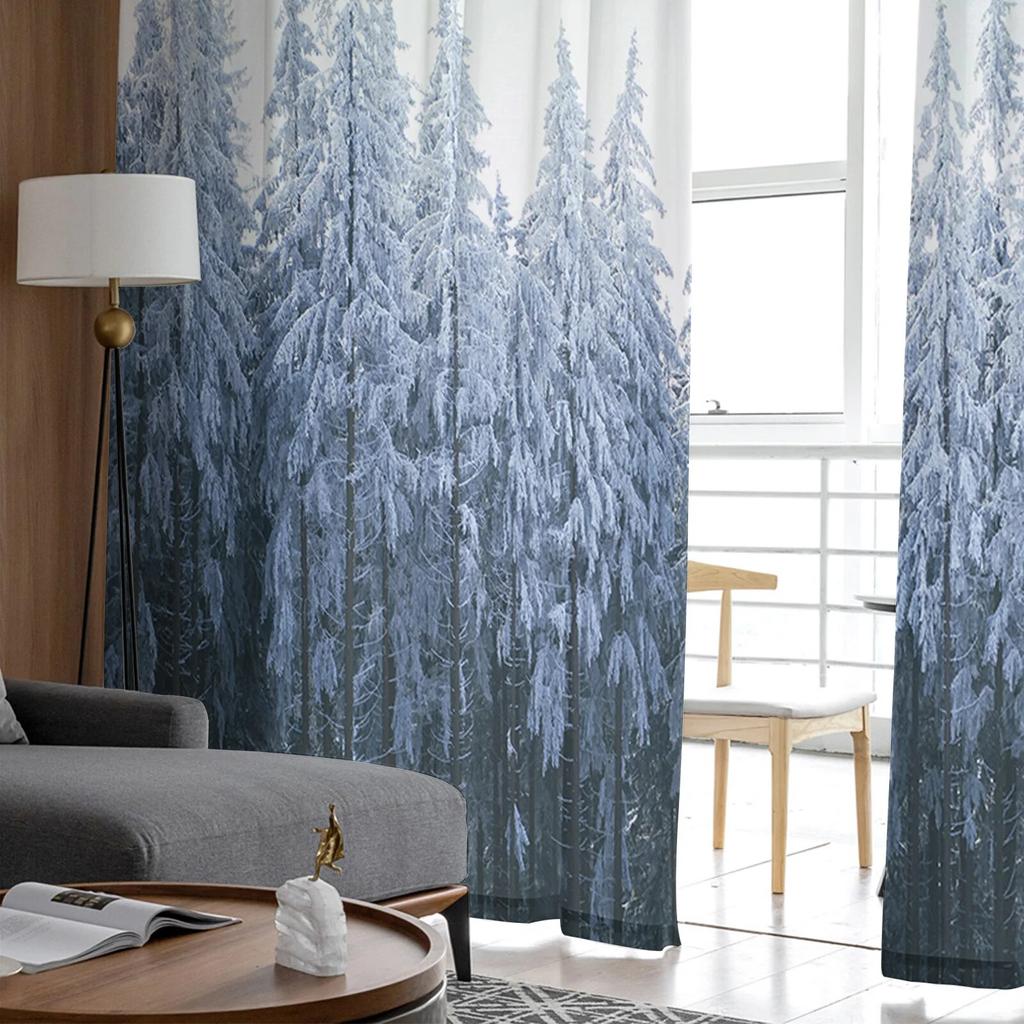 Pine Forest Gradient Snowflake Sheer Curtain for Living Room Hall Wall Dress Up Home Window Supplies Pop Print Tulle Curtains
