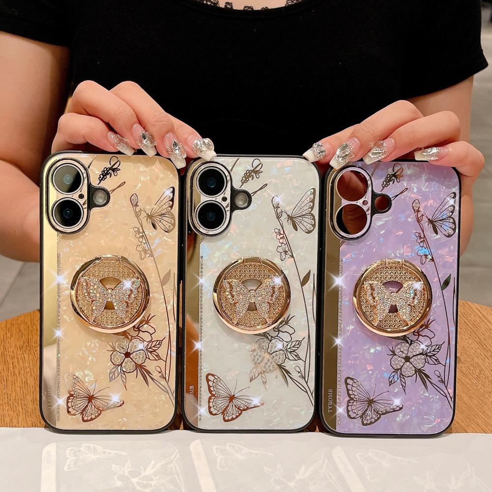KEYSION Luxuxy Case for iPhone 16 Plus 16 Pro Max Butterfly Ring Stand Shockproof Phone Back Cover for iPhone 13 14 15 Pro Max