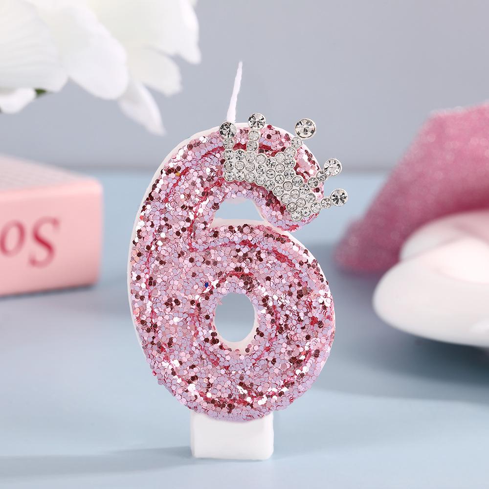 High-End Pink Glitter Crown Number Candle for First Birthday Cake Decoration