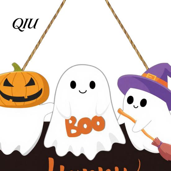 Spooky Theme Venue Decor Halloween Ghost Door Sign, Cute Ghosts Wooden Hanging Wreath, Rustic Happy Trick or Treat Sign Welcome for Home Wall