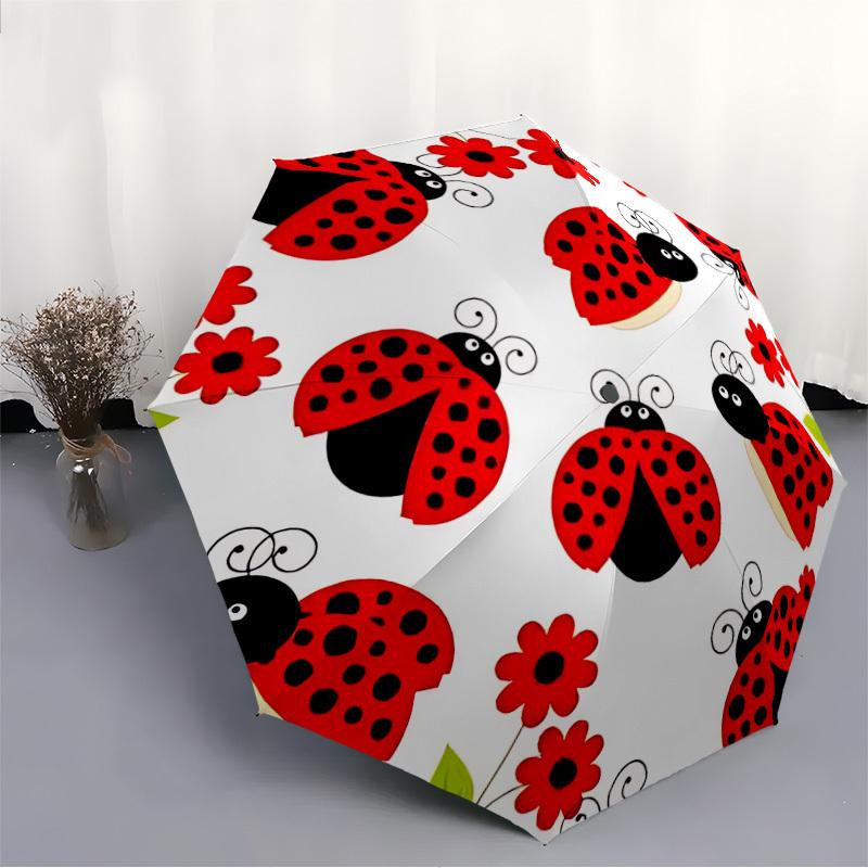 1pc Ladybugs Flowers Automatic Folding Umbrella - Windproof Compact Travel Umbrella with Auto Open/Close, 8-Rib Heavy-Duty Shaft for Women/Men A033
