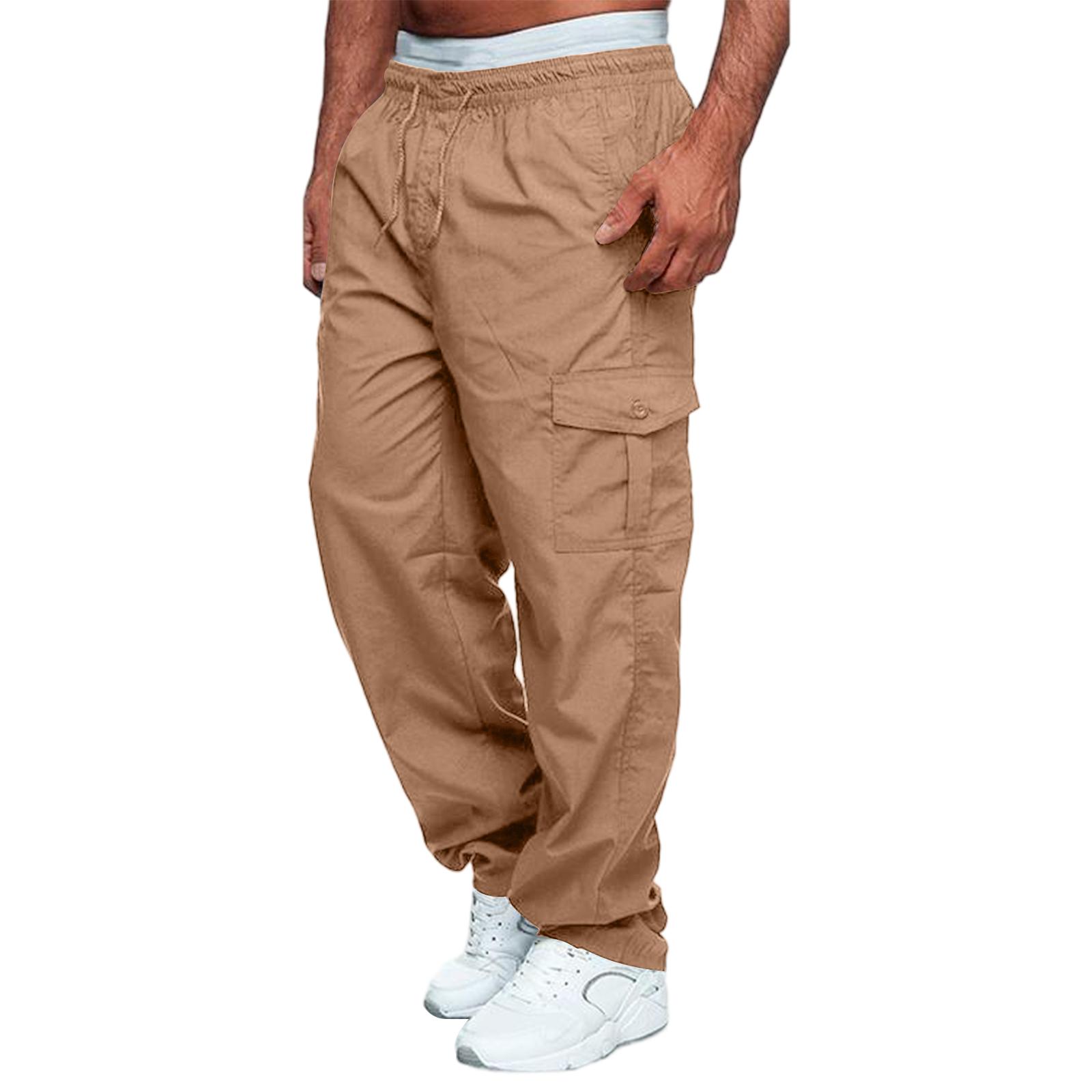 Men Loose Fit Multi Pocket Cargo Pants Straight Leg Outdoor Trousers with Elastic Waistband for Workout Hiking Travel XL хаки