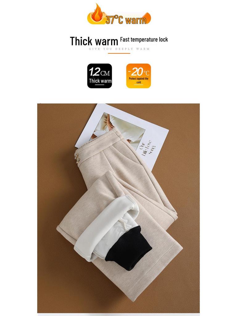 Women's 2025 Winter High-Waisted Woolen Silk Cotton Wide-Leg Pants: Loose, Warm, Drape, Hip-Covering Straight-Leg Design