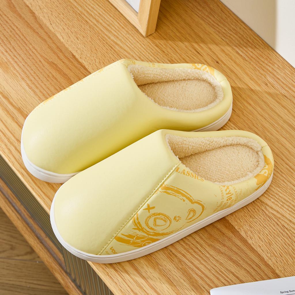 Leather waterproof cotton slippers autumn and winter indoor home non-slip bottom velvet warm couple antibacterial cotton mop