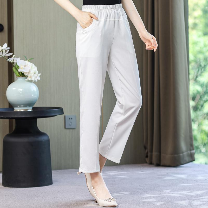 Summer High Waist Straight Pants for Women Plus Size Classic Elastic Waist Cotton Linen Trousers
