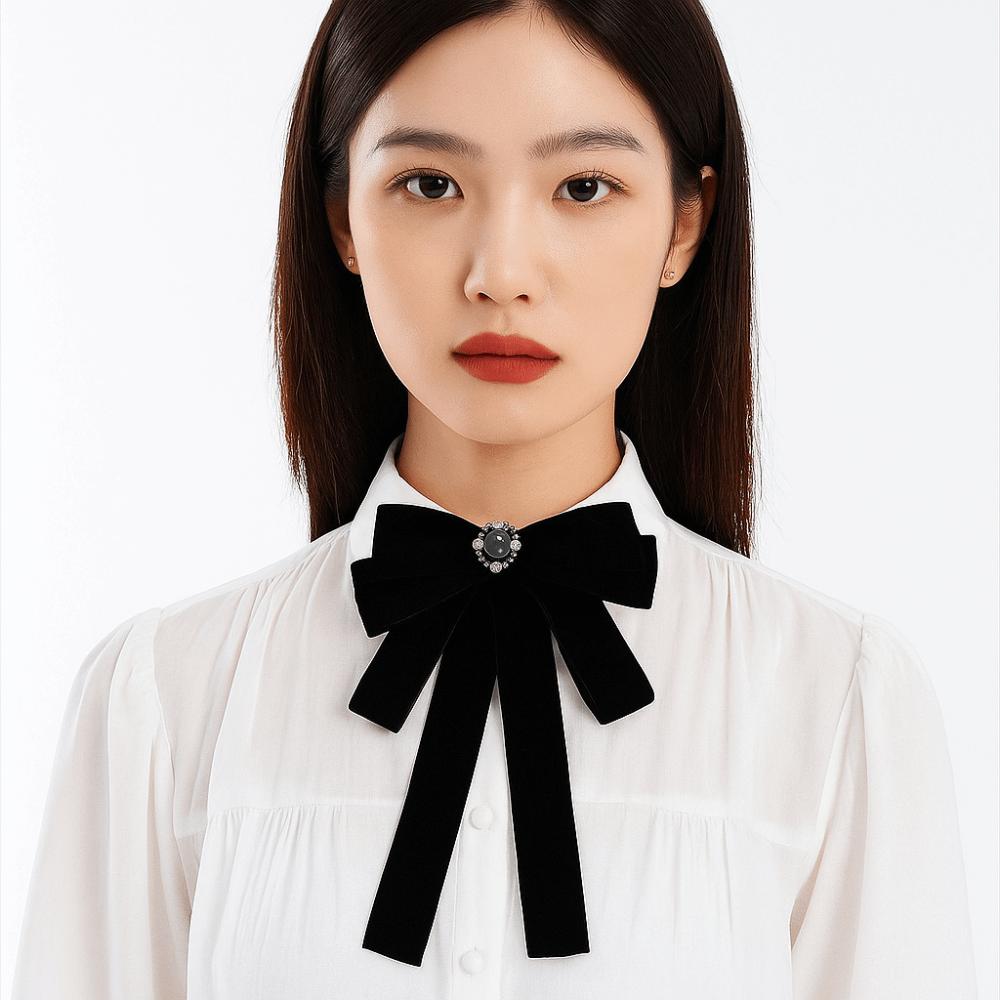 Simple Velvet Black Ribbon Pin Rhinestones Beads Black Bow Necktie Pin Pearl Funerals Memorial Pin Men