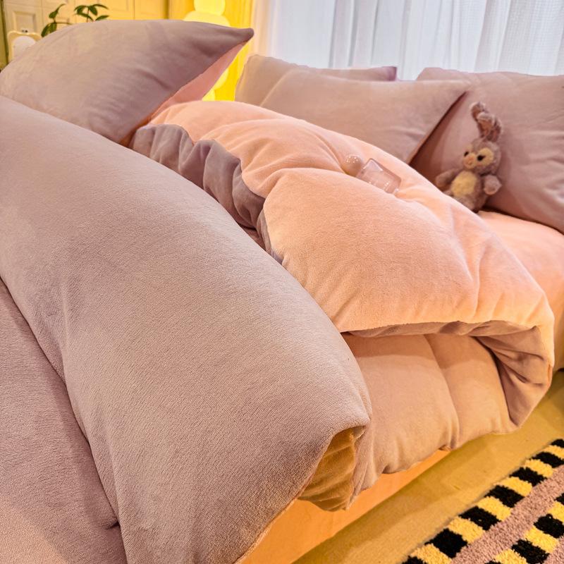 

Thickened Milk Fleece Solid Color Contrasting Color Double-Spell Four-Piece Set, Student Dormitory Single Double Three-Piece Set 1.2m sheet 3pc