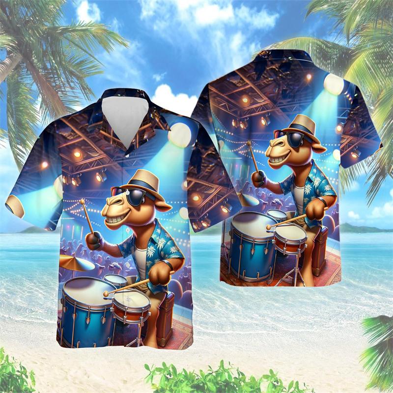 Cammello Divertente Stampa 3D Camicia da Spiaggia Casual Camicie Hawaiane da Uomo Abbigliamento Aloha Amante degli Animali Manica Corta Ragazzo del Deserto Collo a Revers Camicetta