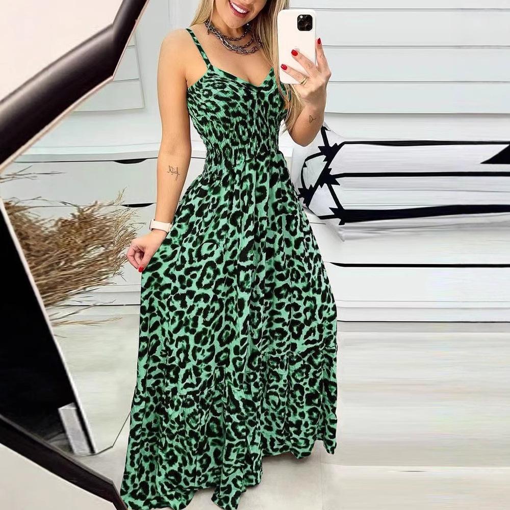 European and American summer new leopard print suspender V-neck dress, high waist skirt, sexy temperament fashion long dress women's clothing