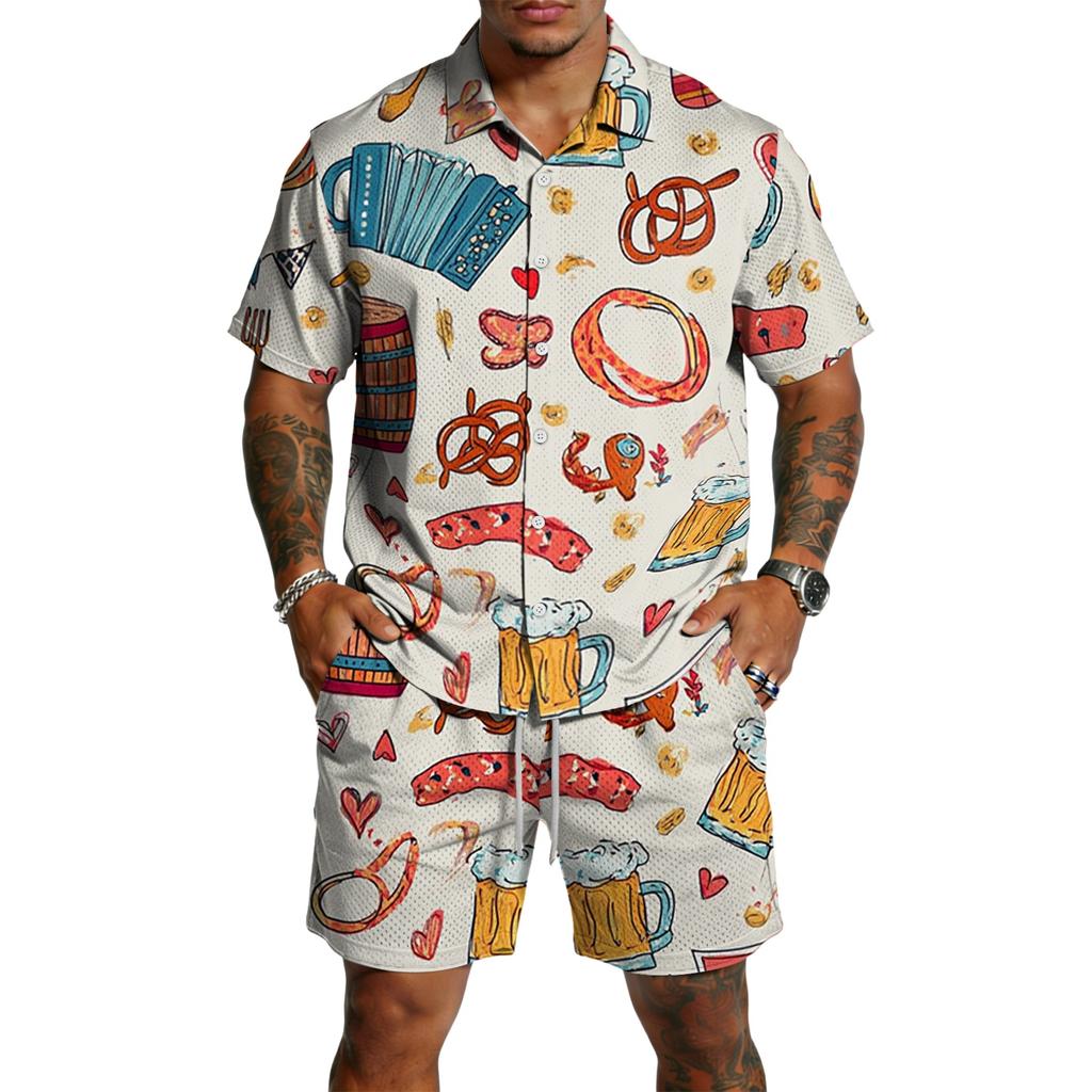 Conjunto de 2 piezas para hombre: Top casual ligero y transpirable de manga corta con estampado y pantalones cortos con cordón para verano