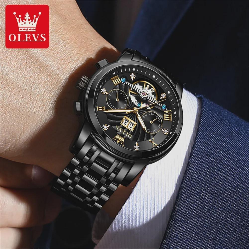 OLEVS Luxury Gold Tourbillon Mechanical Watch for Men Stainless Steel Waterproof Luminous Date Business Mens Watches