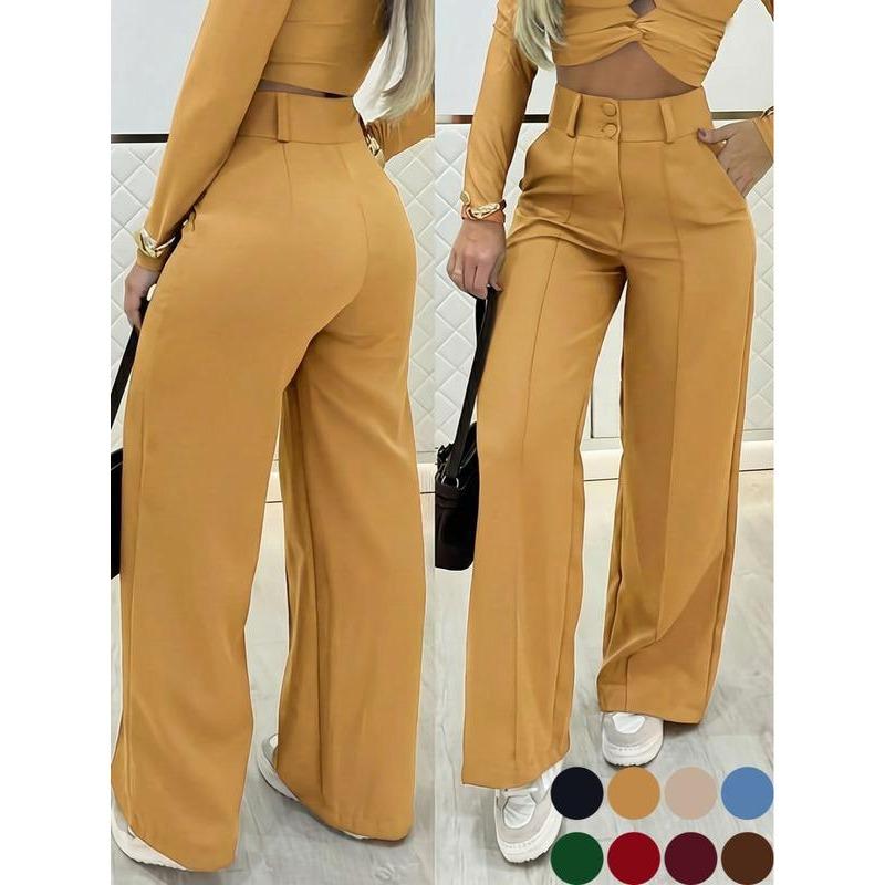 Women's High Waist Wide Leg Pants with Button Detail