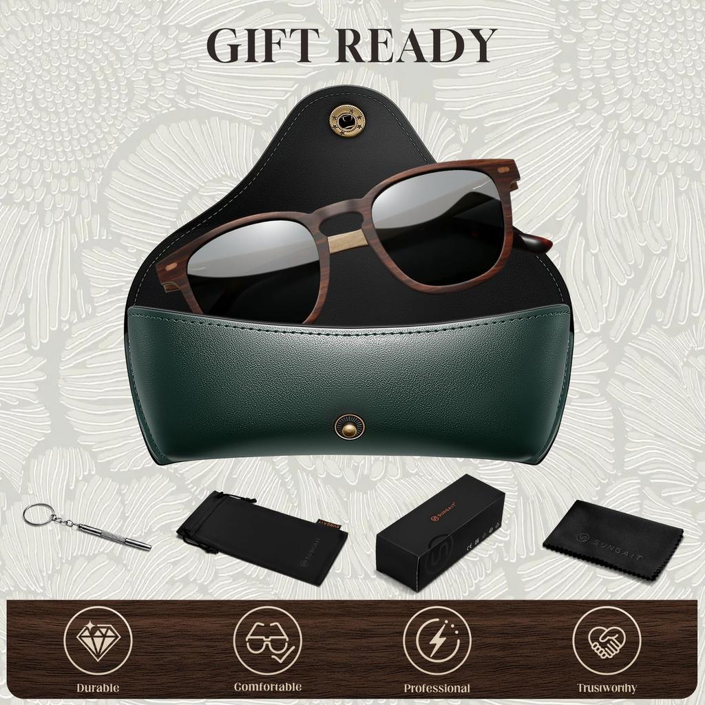 SUNGAIT Sunglasses Vintage Wood Square Polarized Case Rosewood Frame Gray Lens
