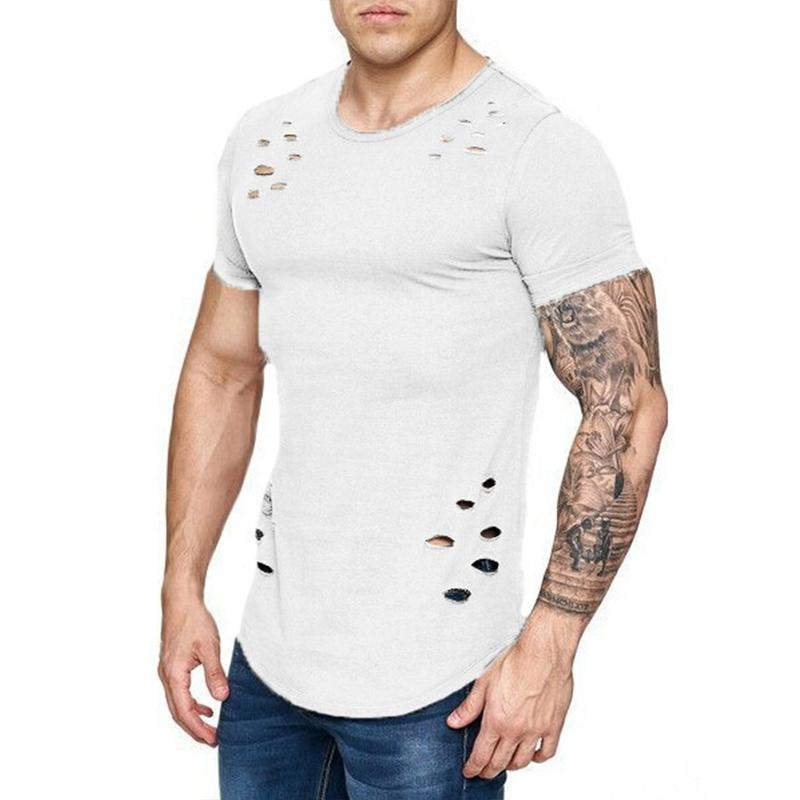 DC-HOME-3 Zomer T-shirt Heren Mode Gat Distressed Fitness T-shirt Korte Mouw Effen Slim Fit Hip Hop T-shirt Yasheng 2XL