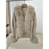 Autumn Winter Women's Fur Coat Patchwork Knitted Sweater Bandage Fur Cardigan Detachable Collar Jacket Faux Fur Coat