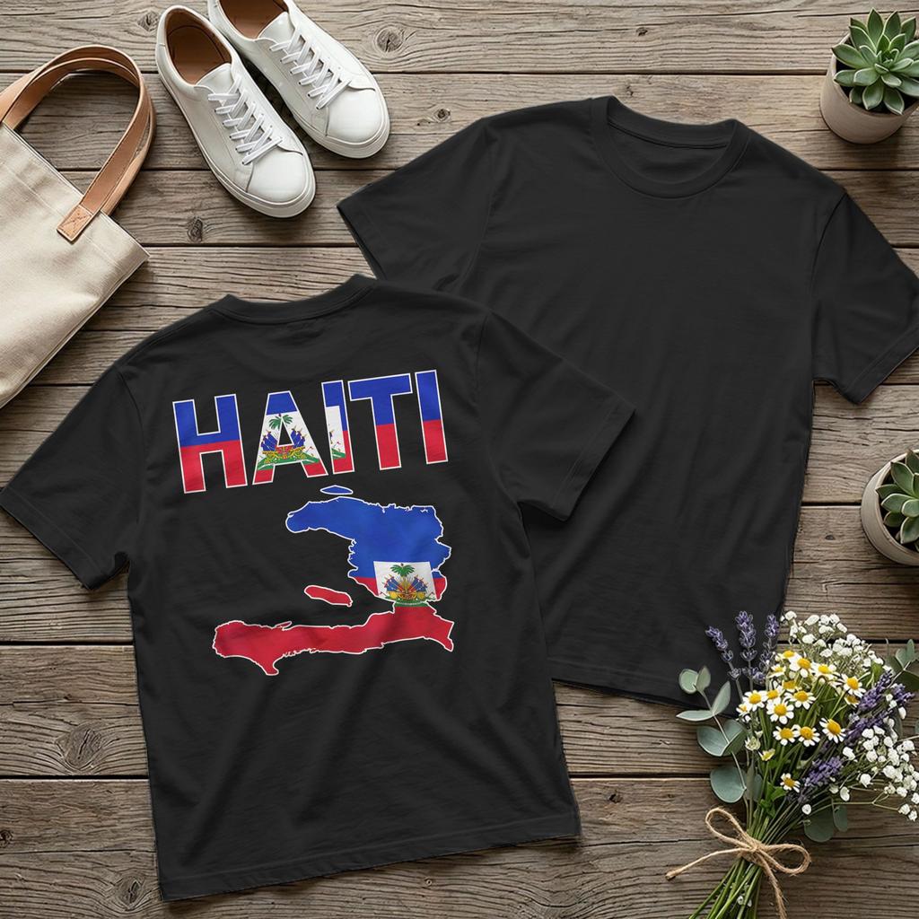 Backprint Happy Haitian Flag Day Cool Haiti Map Pride T-Shirt Men Vintage Pure Cotton Tee Shirt