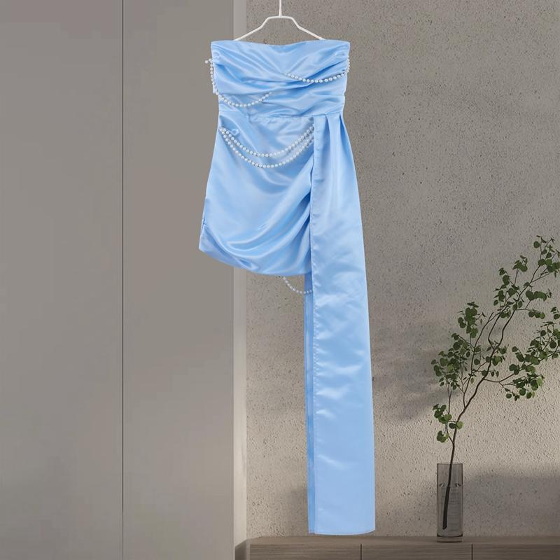 Blue Pearls Pleated Strapless Dress Women's Sexy Backless Lace Up Sleeveless Dresses Irregular Hem