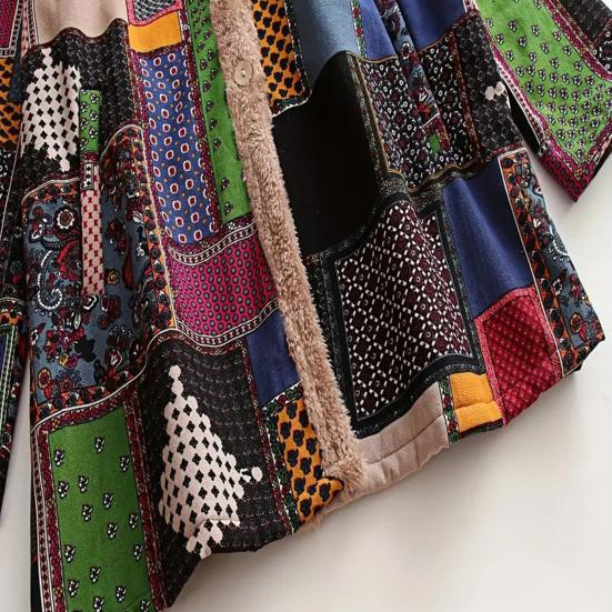 Vestes polaires pour femmes zippées à imprimé floral doublées sherpa à capuche veste patchwork style ethnique vintage