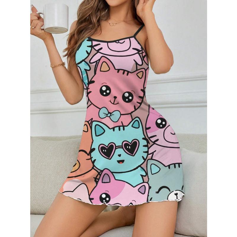 Summer sling nightgown Sexy sleeveless slim funny cartoon print Women Trim Underwear Camisole Nightdress mini sleepwear homewear