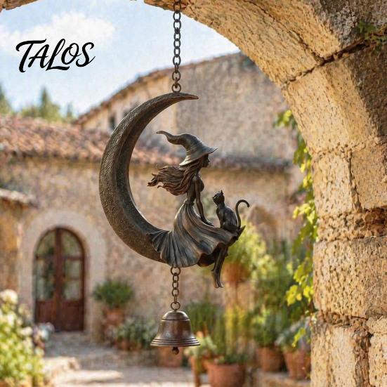 Witch Decor for Home Moon Wind Chime, Gothic Crescent with Black Cat Hanging Bell, Meditation Space Accents Mystical Garden Porch Patio Balcony