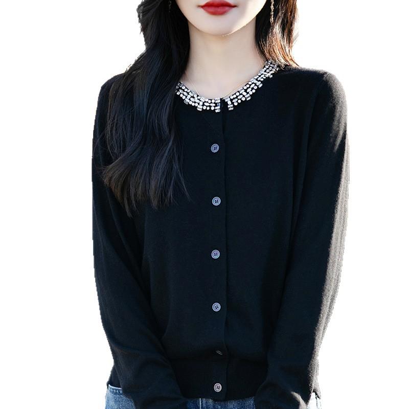 Autumn And Winter New Silk Wool Cardigan Women'S Crew Neck Crystal Diamond Sweater Loose Knit Backing Jacket Top