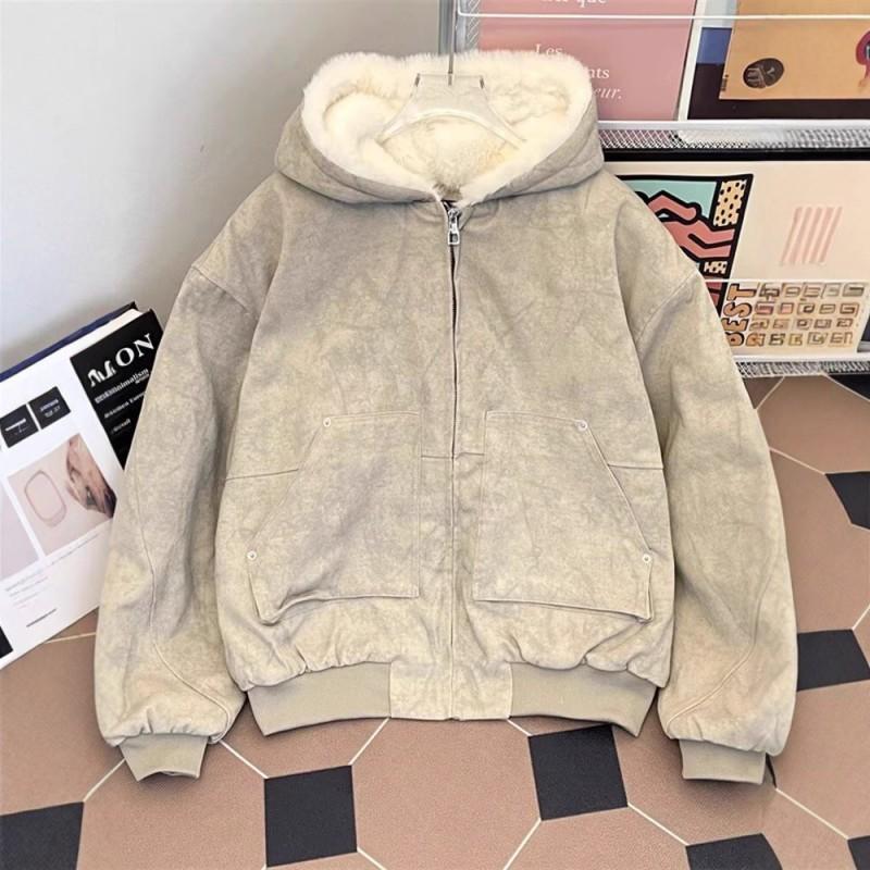 Oversized Hooded Zip-Up Fleece-Lined Cotton Jacket Men Women Winter Warm Loose Casual Outerwear