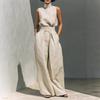 Minimalist Lazy Style Linen Sleeveless Stand-up Collar Top with High Waist Wide Leg Pants Loose Two-piece Commuter Suit