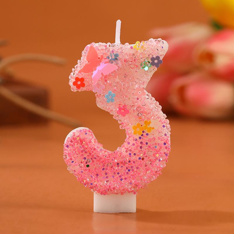 Romantische rosa Farbverlauf-Zahlenkerze mit Schmetterling und Blumen-Glitzer für Geburtstags-Kuchendekorationen