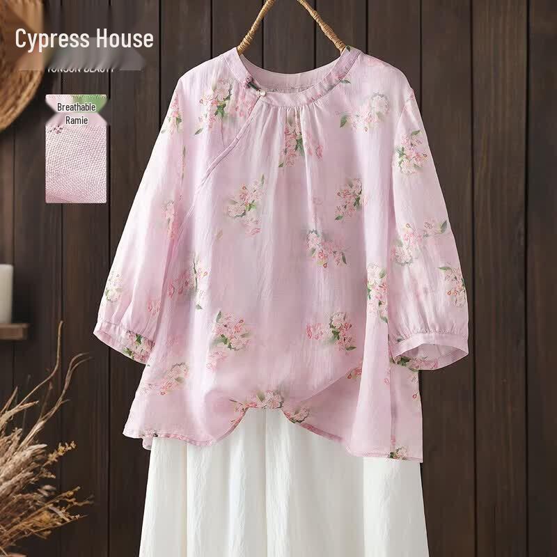 Sibaishe Women s Chinese Style Printed Round Neck Loose Half-Sleeve Shirt XL