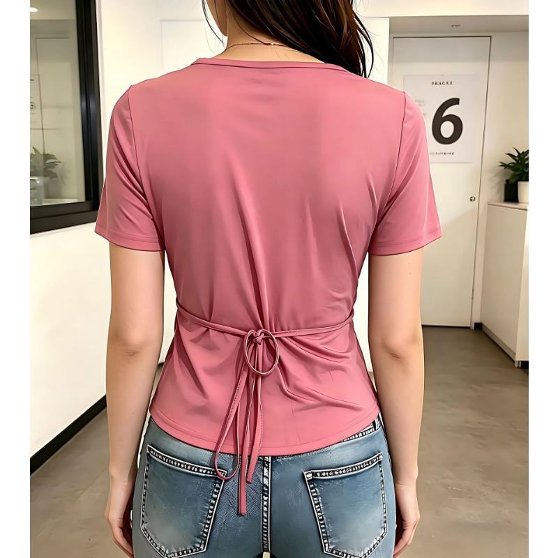 Women V Neck Wrap Front Drawstring Side Short Sleeve Slim Fit Casual T Shirt Tops