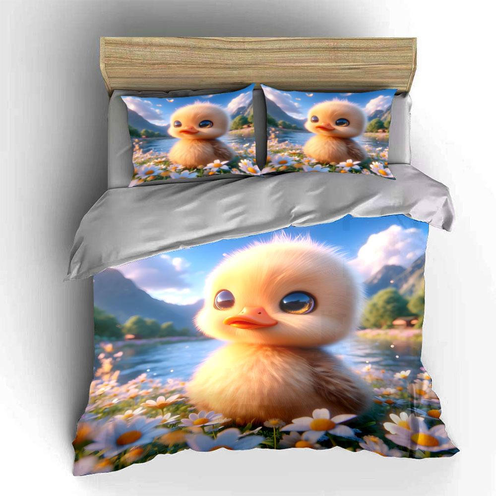 3Pcs Adorable Animal In Daisy Field Duvet Cover Set With 3D Printing Design Soft Polyester Bedding Set All-Season Comfort