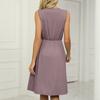 Women's Spring and Summer Solid Color V-neck Lace Stitching Waist Dress Without Cuff Bag