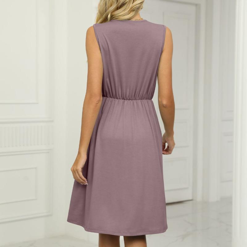 Einfarbiges Kleid mit V-Ausschnitt und Spitzennähten in der Taille für Damen im Frühling und Sommer ohne Manschettentasche